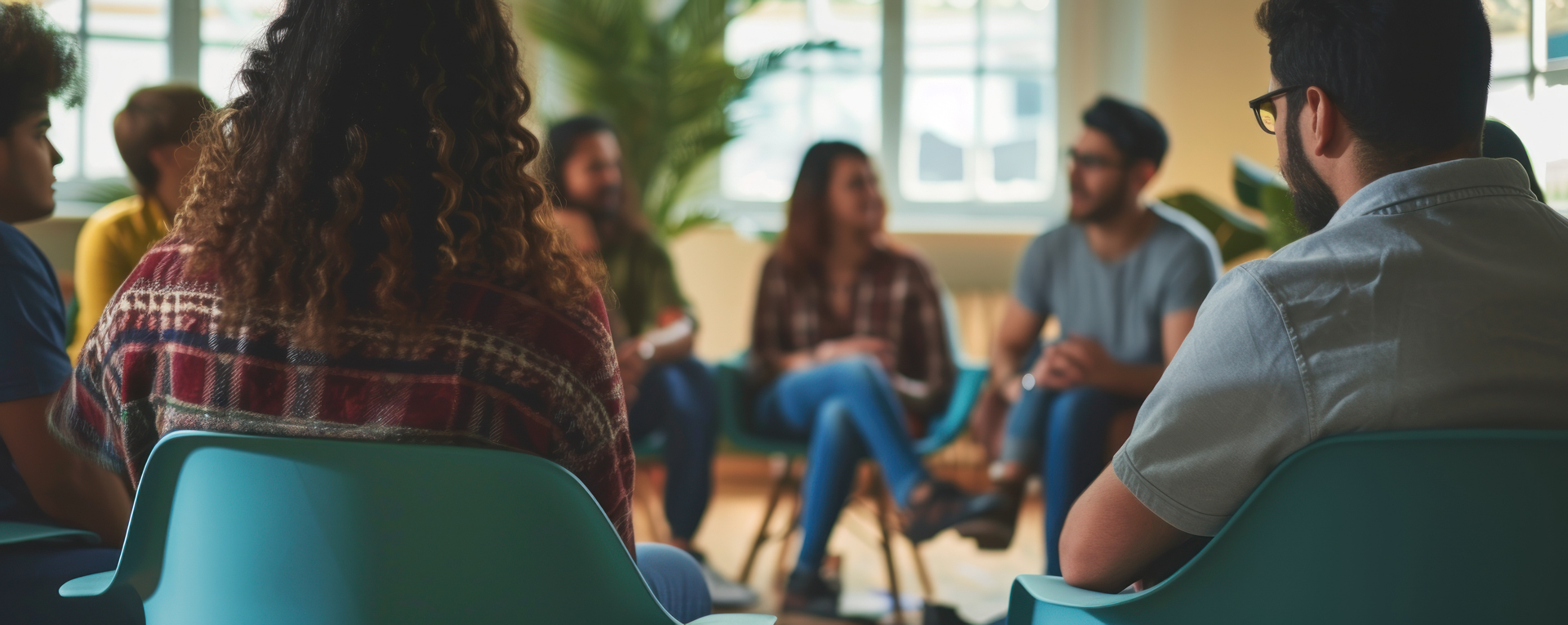 group of people meeting for drug and alcohol rehab sitting in blue chairs