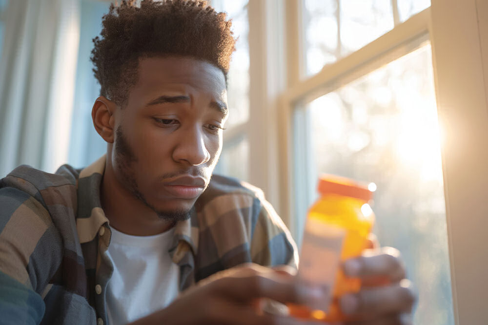 man looking at prescription bottle