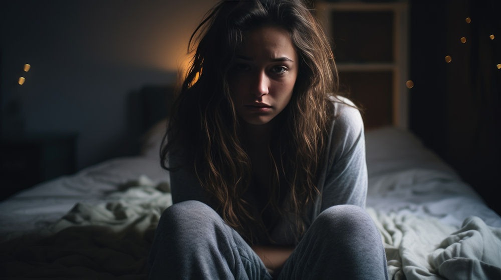 depressed woman sitting in bed